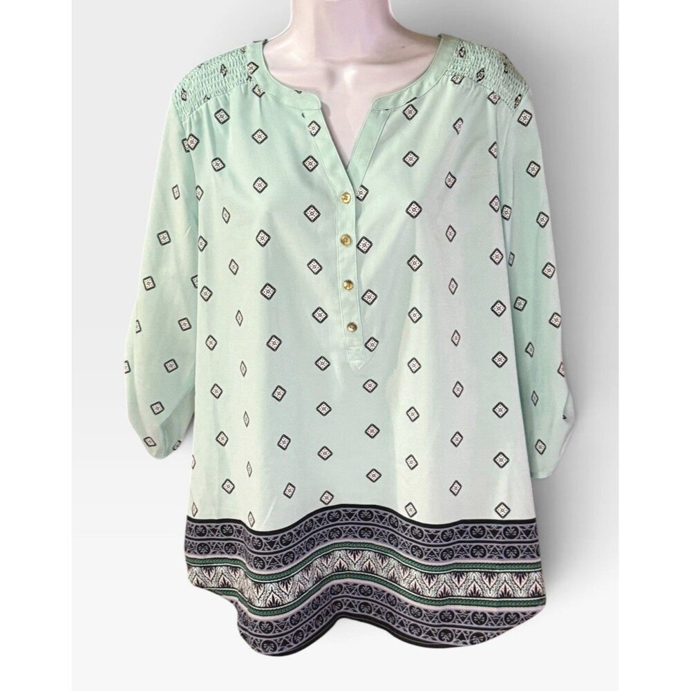 Croft & Barrow L Large Mint Green Diamond Border Print Henley Tunic Blouse